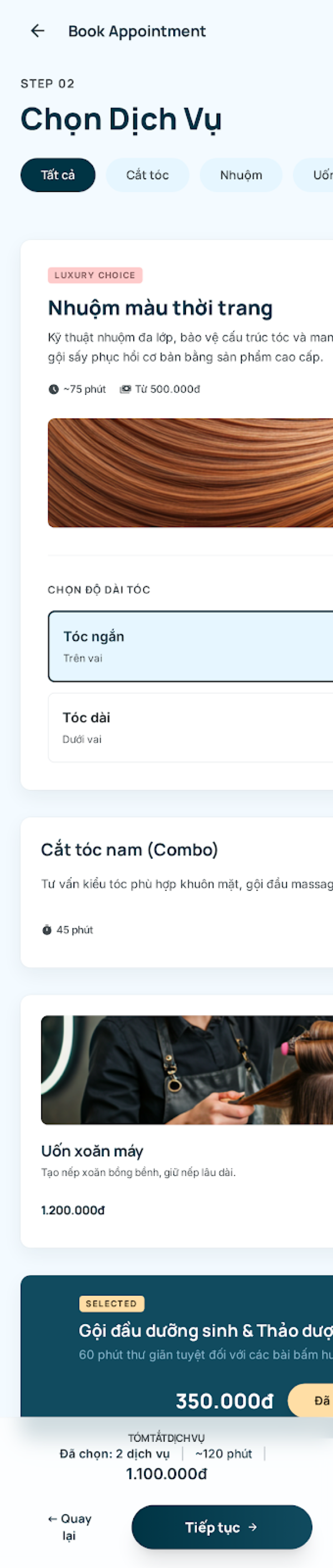 Khách đặt lịch chọn dịch vụ