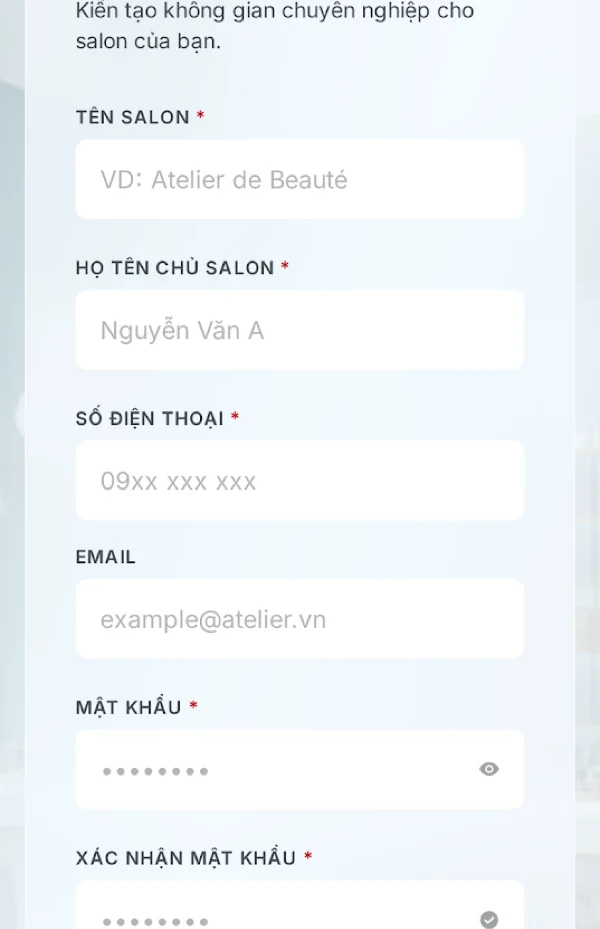 Ảnh crop đúng vùng thao tác các ô thông tin salon: Điền thông tin salon